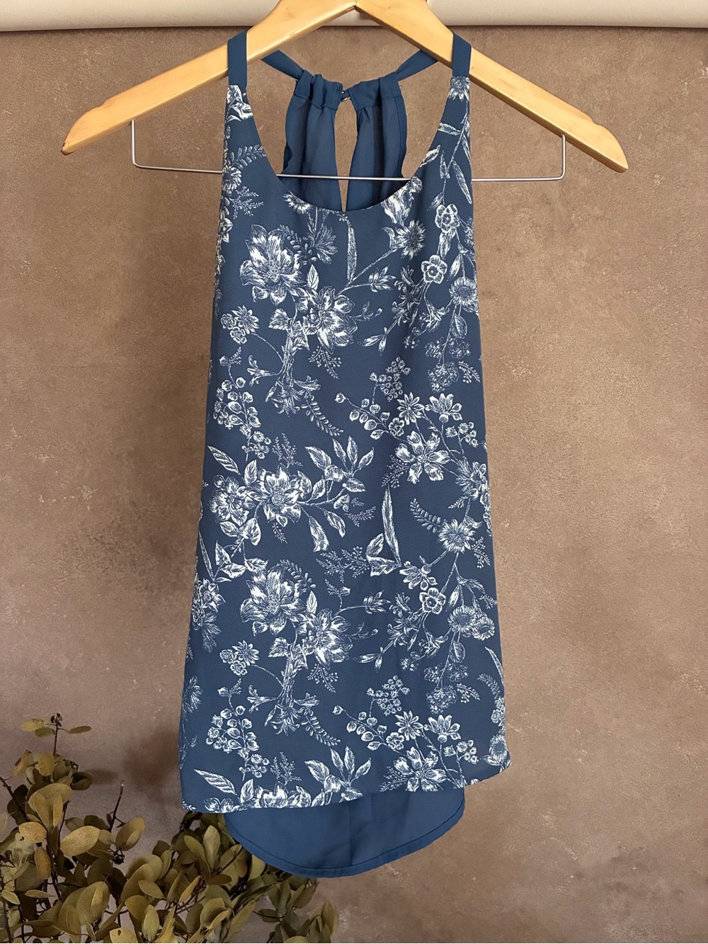 Floral High-Low Halter Blouse in Blue with White English Garden Floral Print